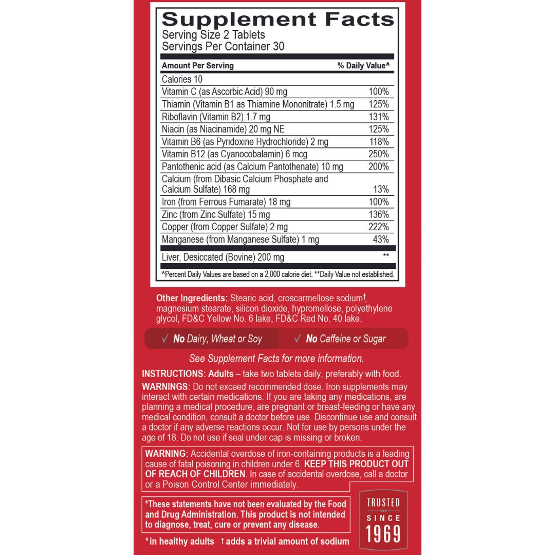 Globulo Rojo® Suplemento dietético con hierro de alta potencia y vitaminas B, 60 comprimidos