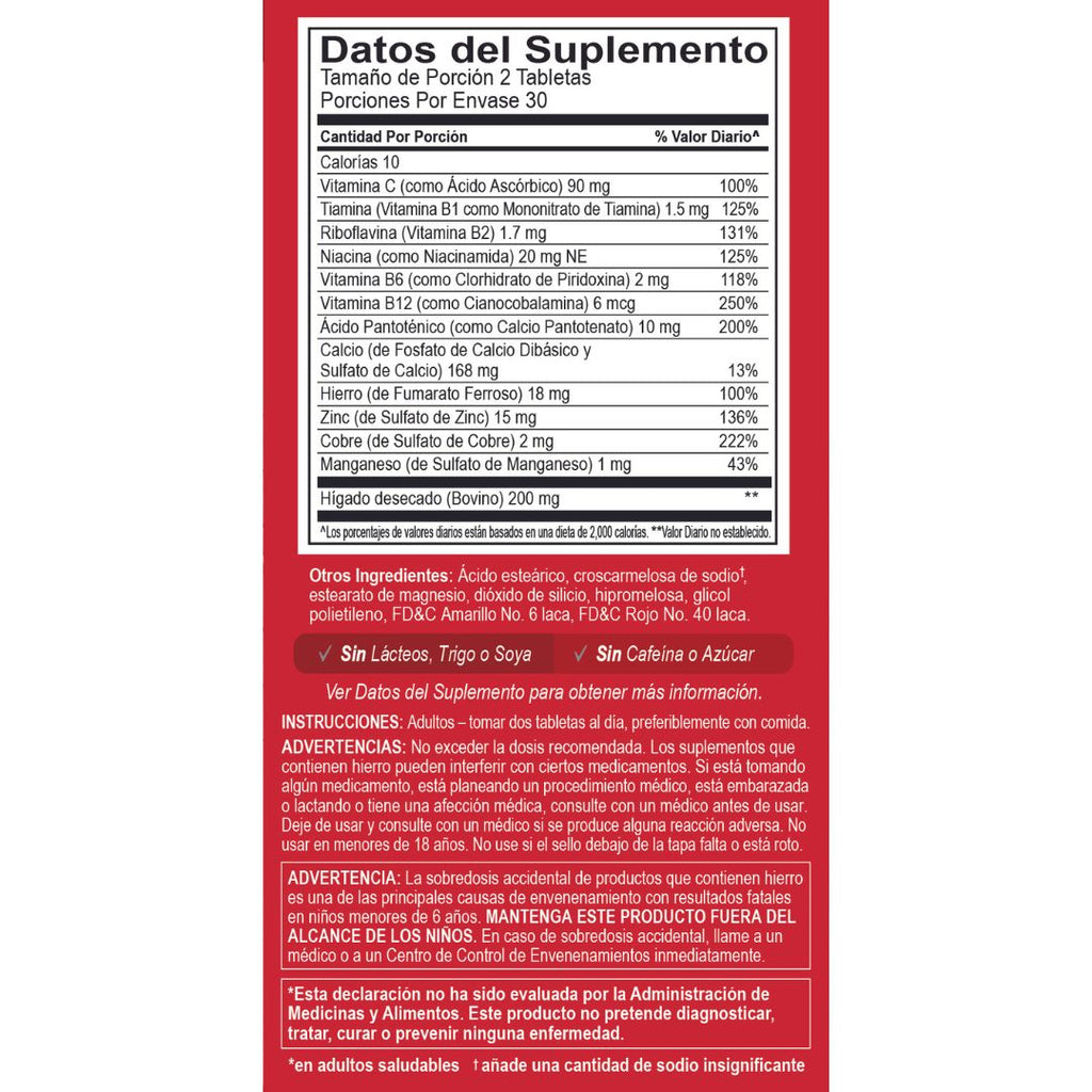 Globulo Rojo® Suplemento dietético con hierro de alta potencia y vitaminas B, 60 comprimidos