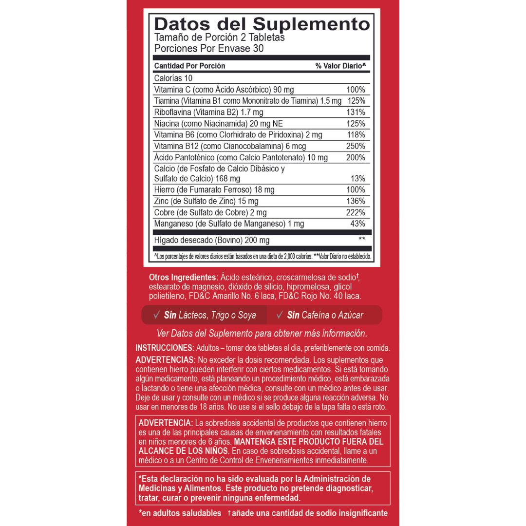 Globulo Rojo® Suplemento dietético con hierro de alta potencia y vitaminas B, 60 comprimidos