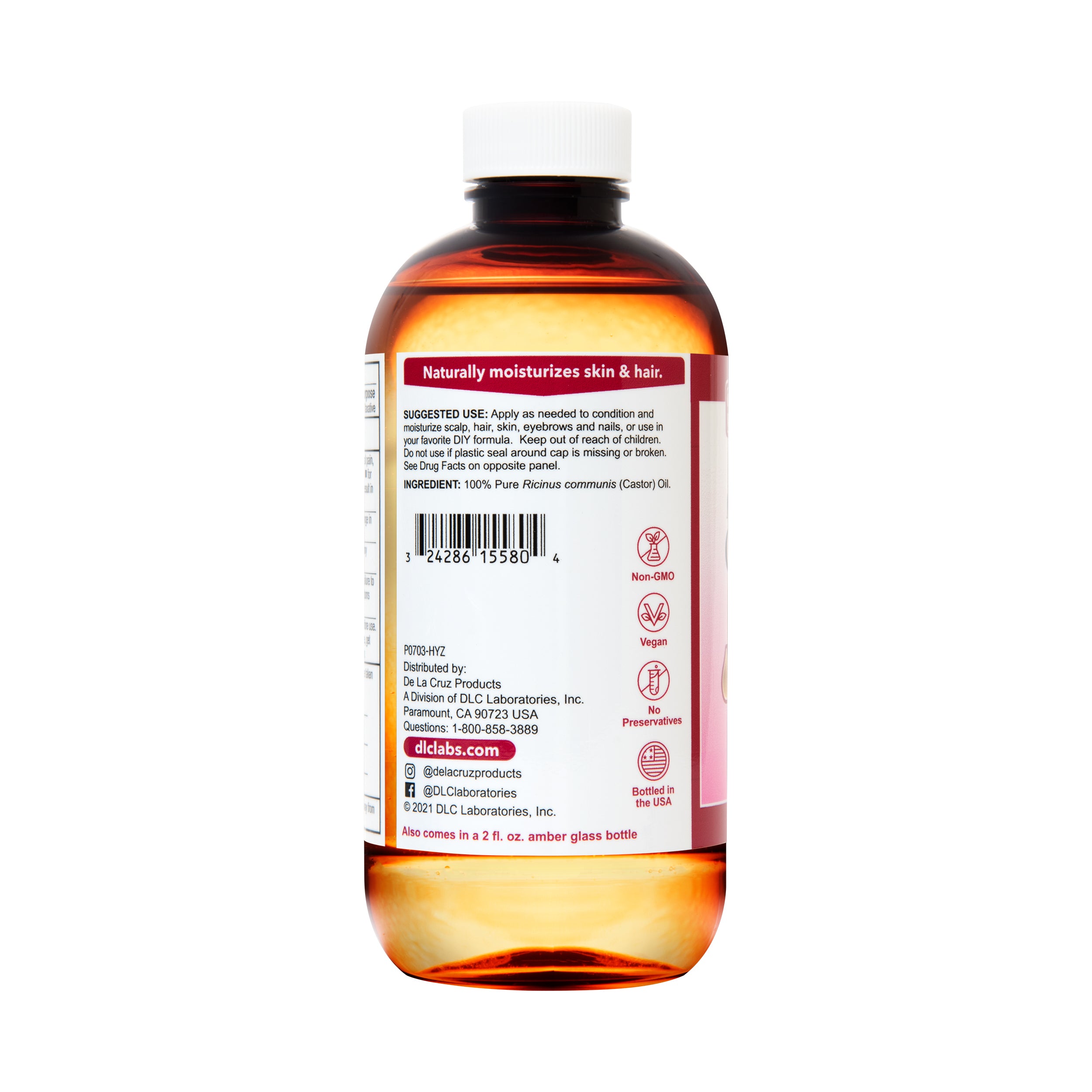 Aceite de ricino 100% puro prensado por expulsor De La Cruz®, grado USP 8 FL. OZ. (236 mL)
