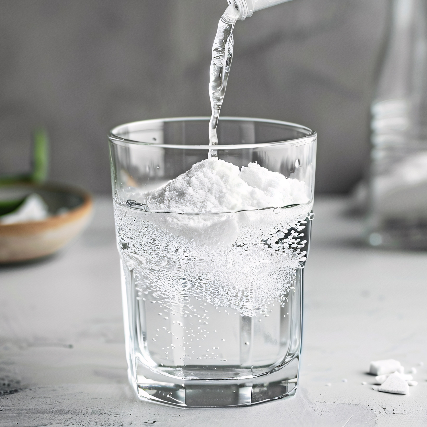 A clear glass tumbler filled with water, into which a white powder is being poured from above. The powder dissolves into the water, creating visible bubbles and a cloudy white center.