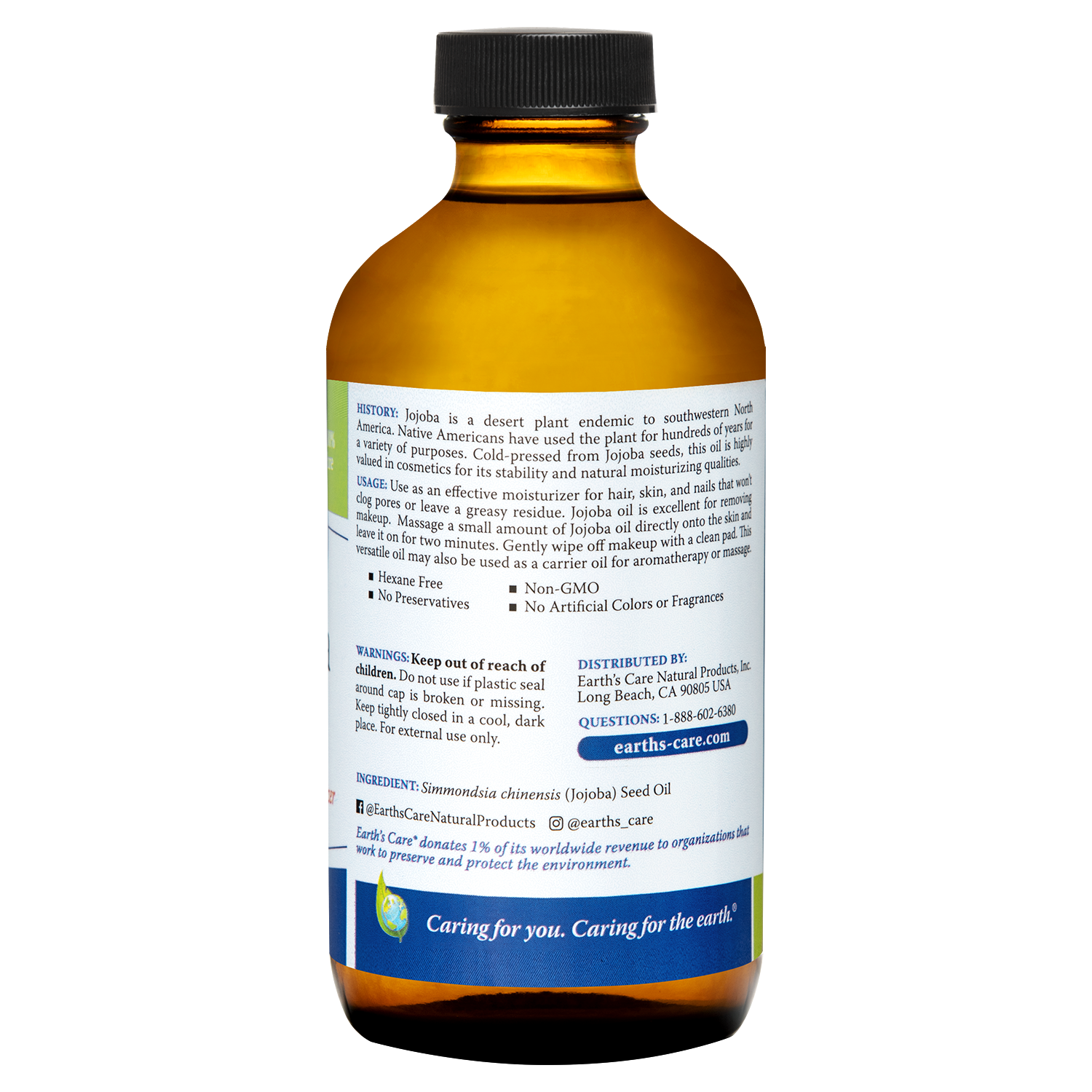 Earth's Care® Aceite de jojoba 100% puro sin refinar prensado en frío 8 FL OZ (236 mL)