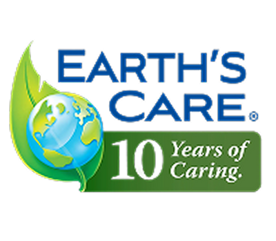 Earth's Care logo celebrating 10 years of caring with a green globe graphic.
