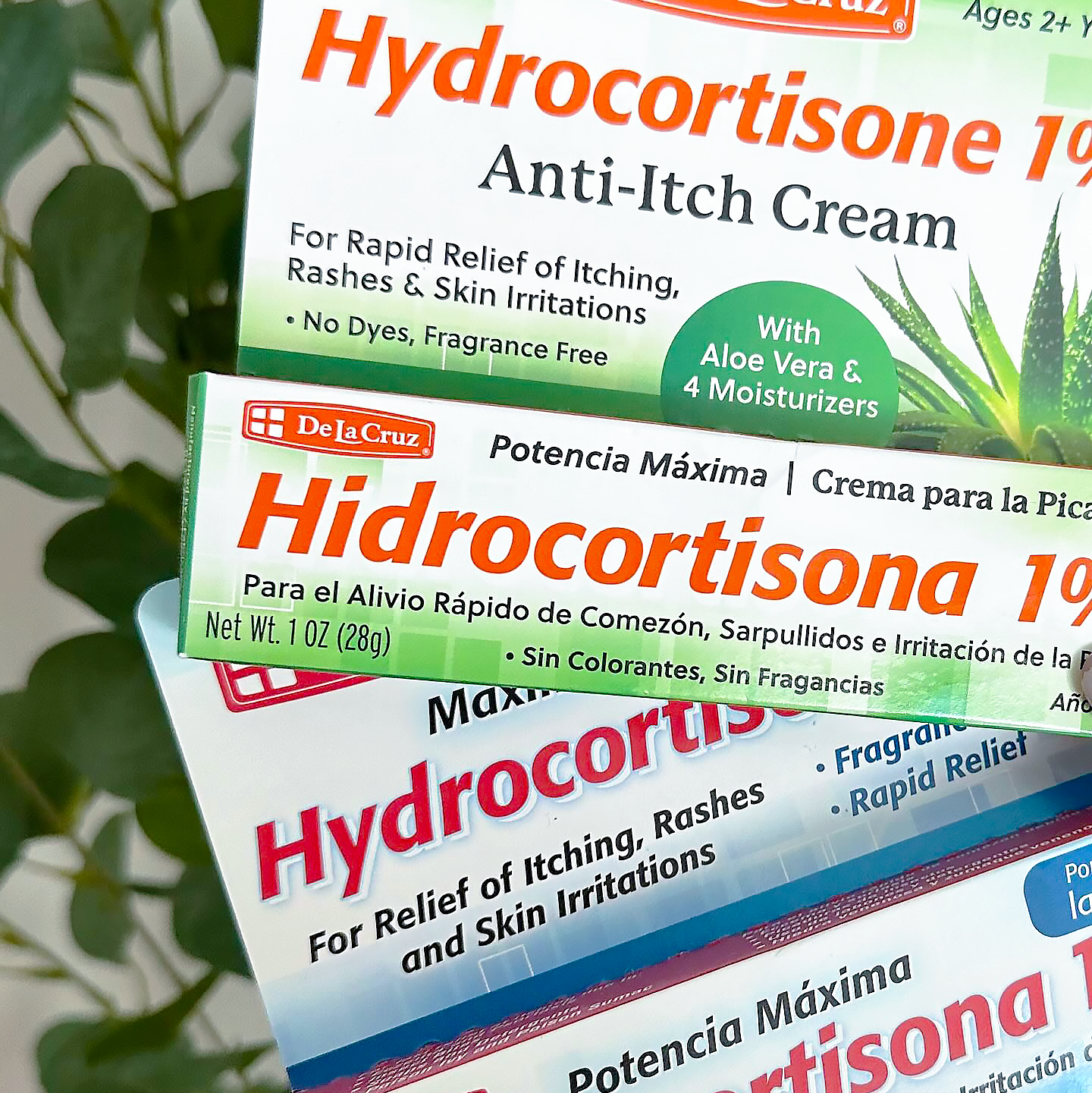 Three boxes of De La Cruz Hydrocortisone 1% Anti-Itch Cream stacked together, with green aloe vera leaves visible in the background.