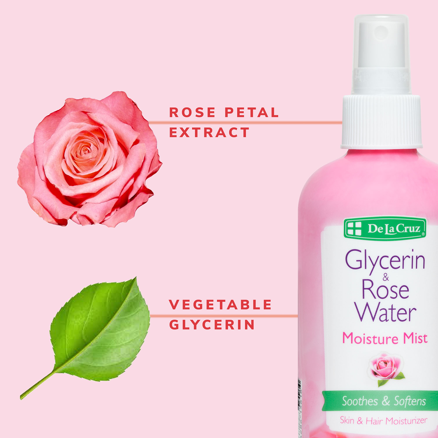 De La Cruz Glycerin & Rose Water Moisture Mist bottle on a pink background, shown next to illustrations of a pink rose petal and a green leaf with text labels.