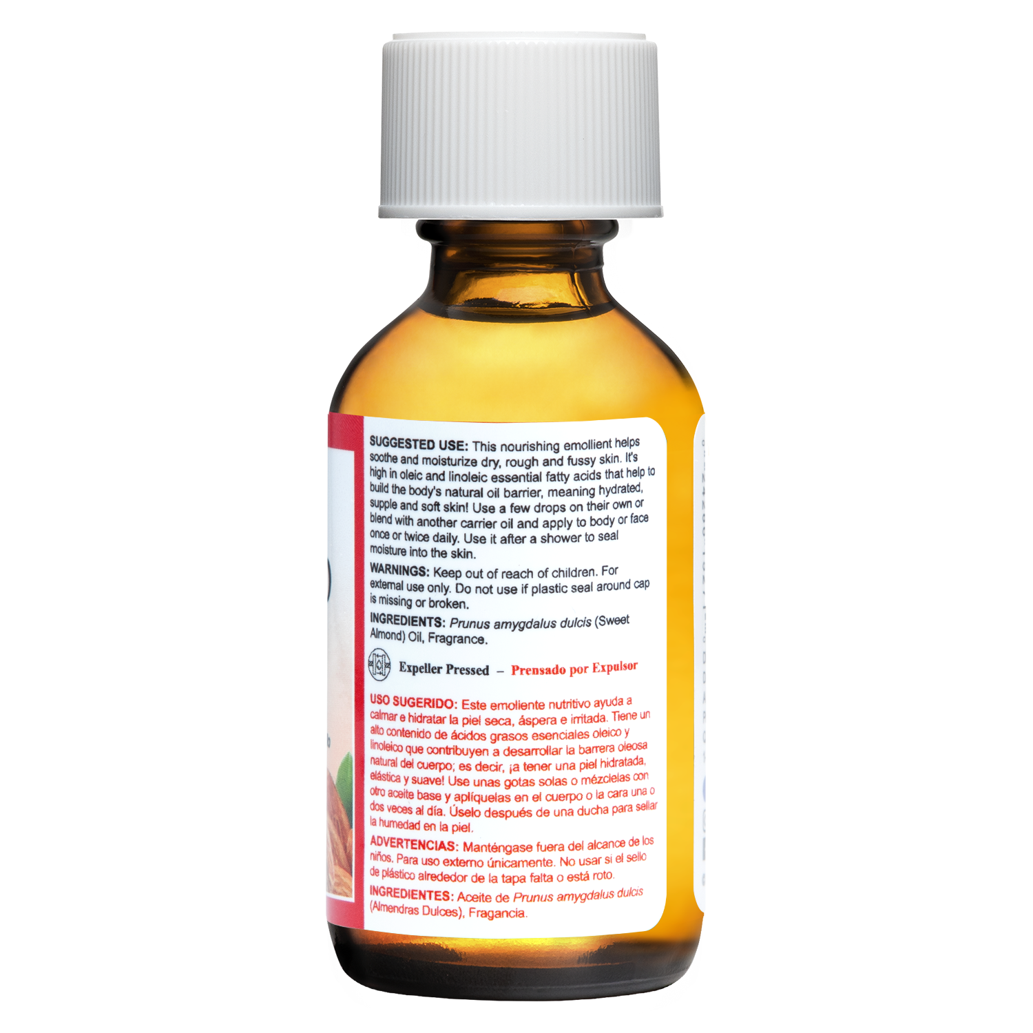 Aceite de Almendras Dulces Prensado por Expulsor De La Cruz® 1 FL. OZ. (30mL)