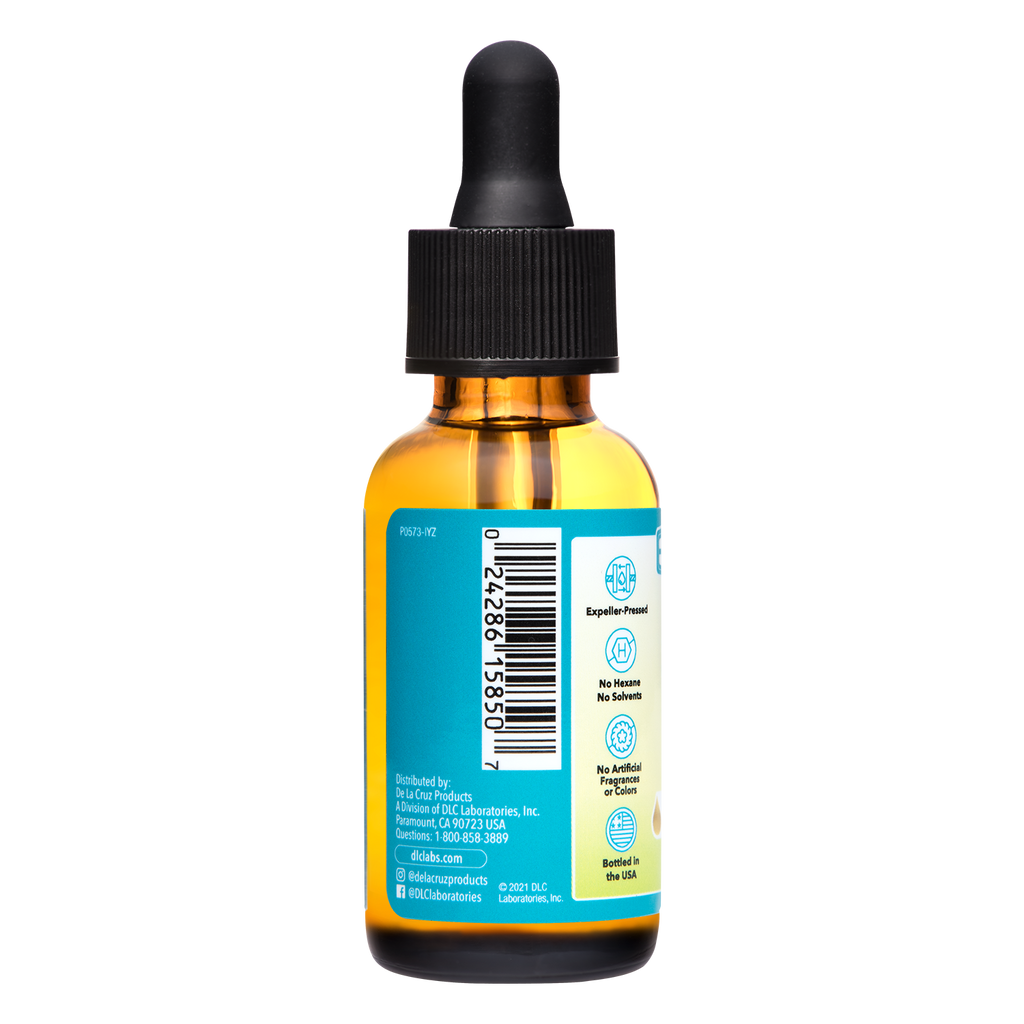 An amber glass dropper bottle with a black cap, showing the back of its label with a barcode and blue text, on a plain white background.