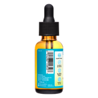 An amber glass dropper bottle with a black cap, showing the back of its label with a barcode and blue text, on a plain white background.