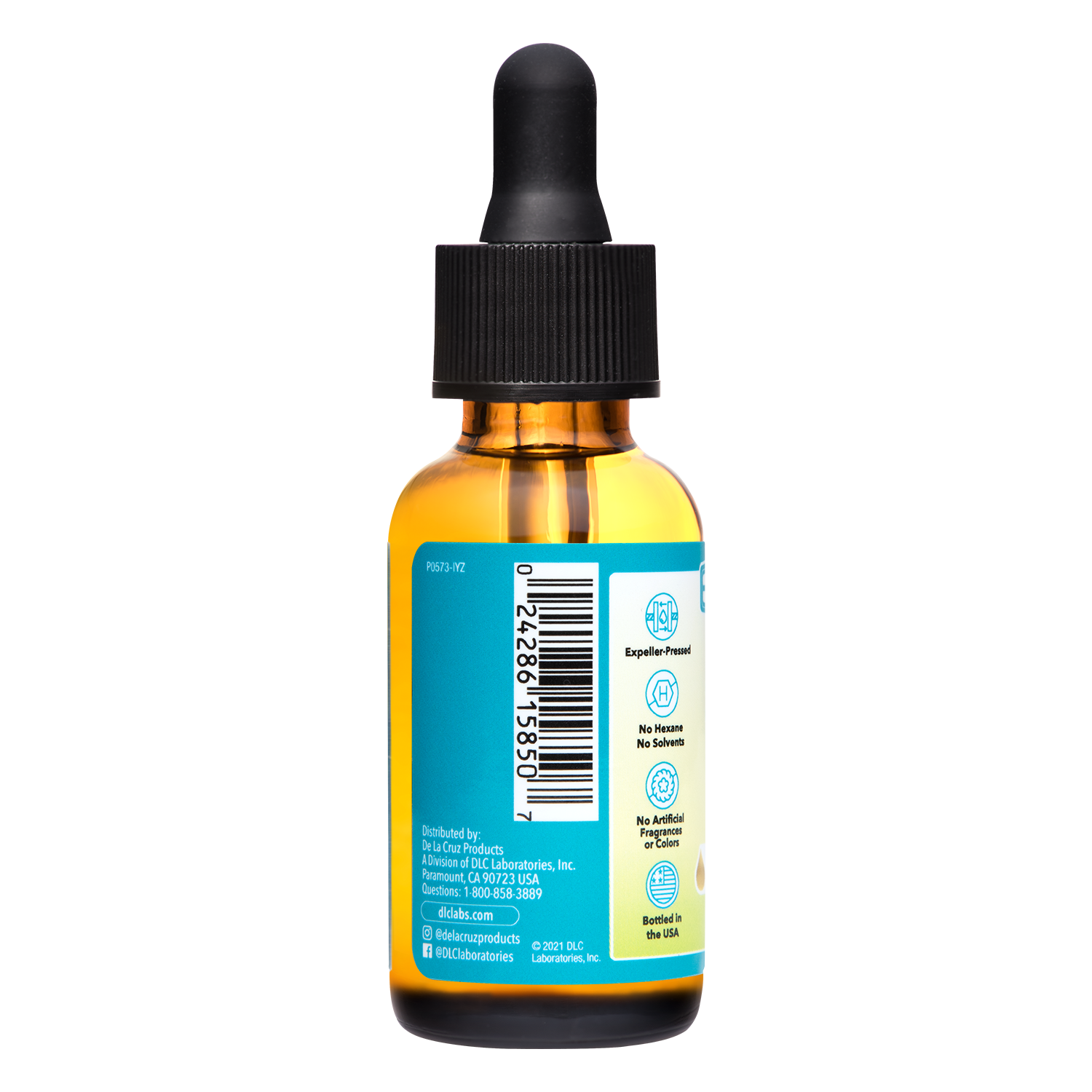 An amber glass dropper bottle with a black cap, showing the back of its label with a barcode and blue text, on a plain white background.