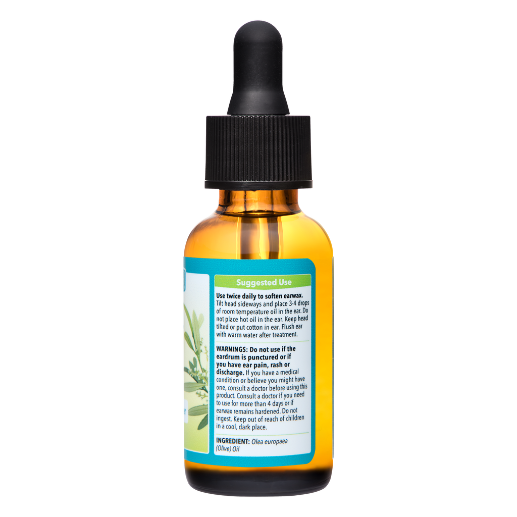 An amber glass dropper bottle of sweet oil with a black cap and a teal and white label, shown on a plain white background.
