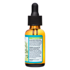 An amber glass dropper bottle of sweet oil with a black cap and a teal and white label, shown on a plain white background.