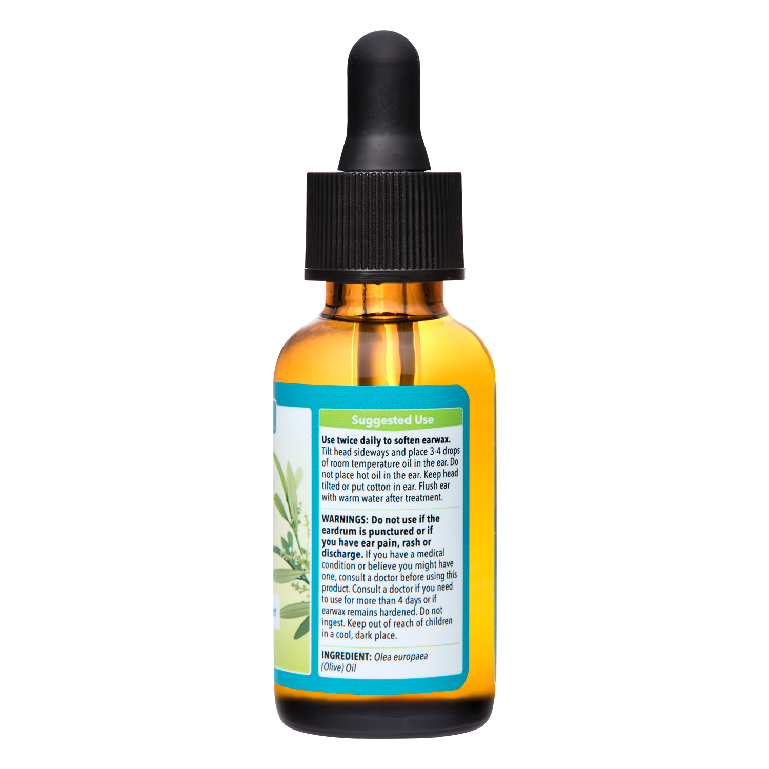An amber glass dropper bottle of sweet oil with a black cap and a teal and white label, shown on a plain white background.