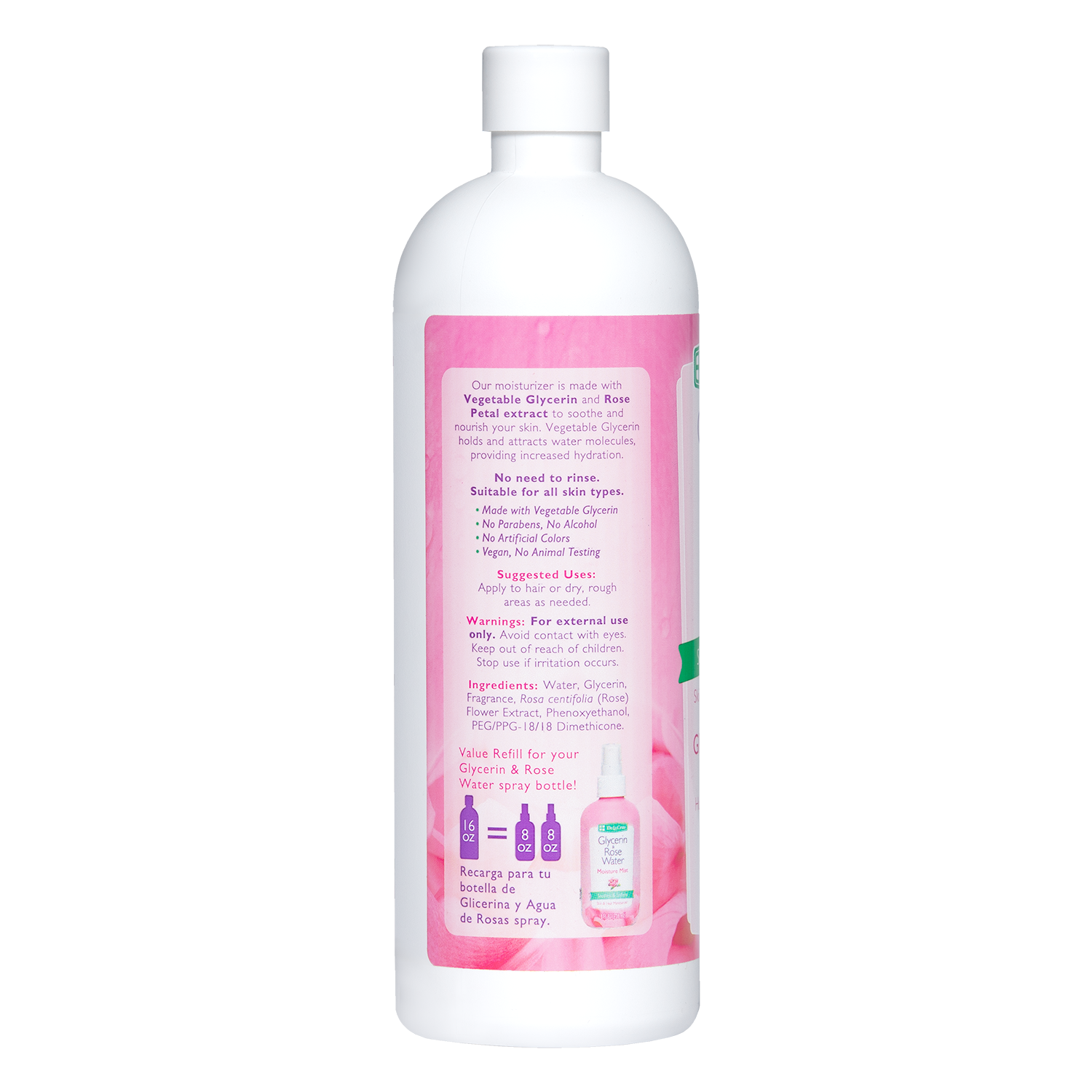 De la Cruz® Glicerina y Agua de Rosas Hidratante para Piel y Cabello Repuesto 16 FL. OZ. (473mL)