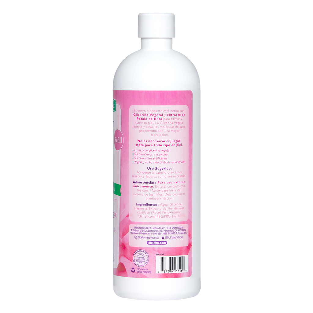De la Cruz® Glicerina y Agua de Rosas Hidratante para Piel y Cabello Repuesto 16 FL. OZ. (473mL)