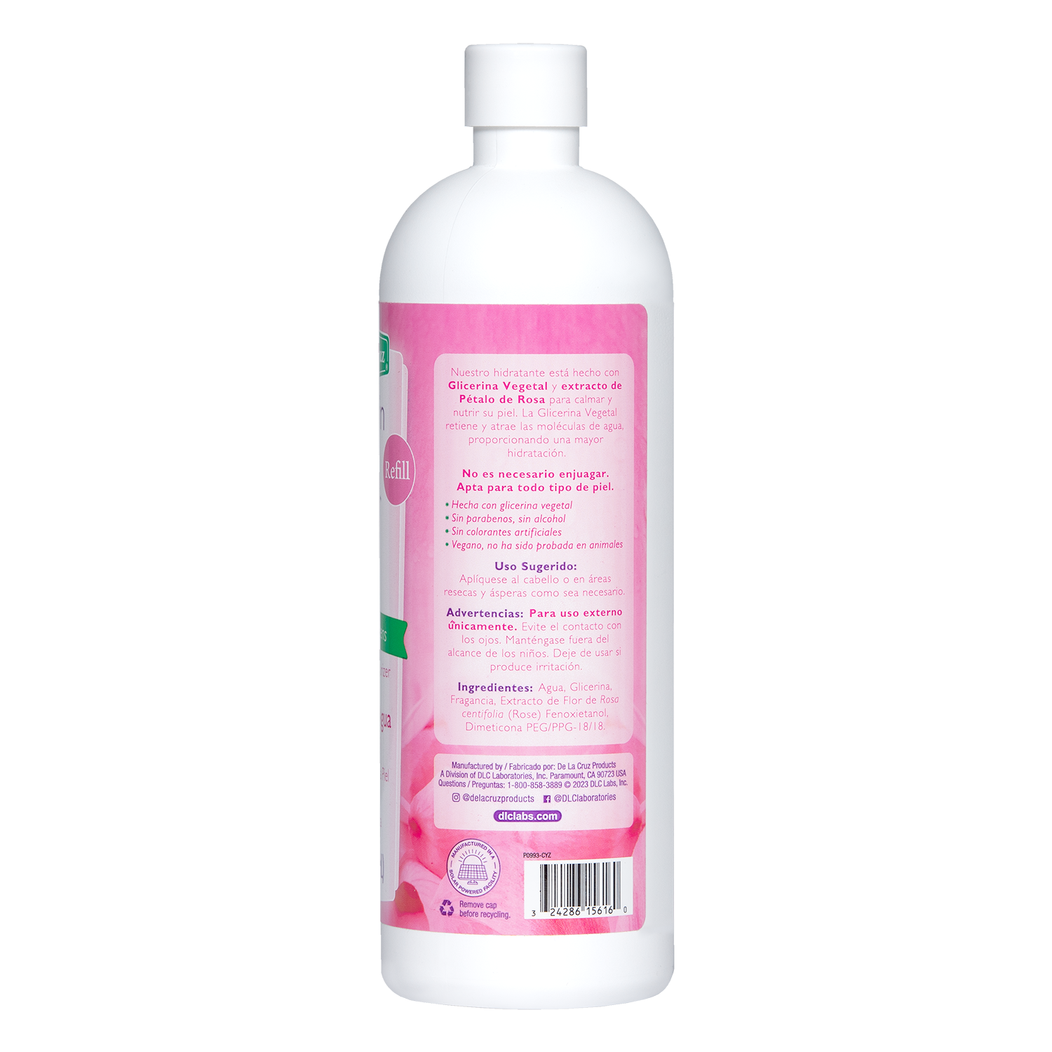 De la Cruz® Glicerina y Agua de Rosas Hidratante para Piel y Cabello Repuesto 16 FL. OZ. (473mL)