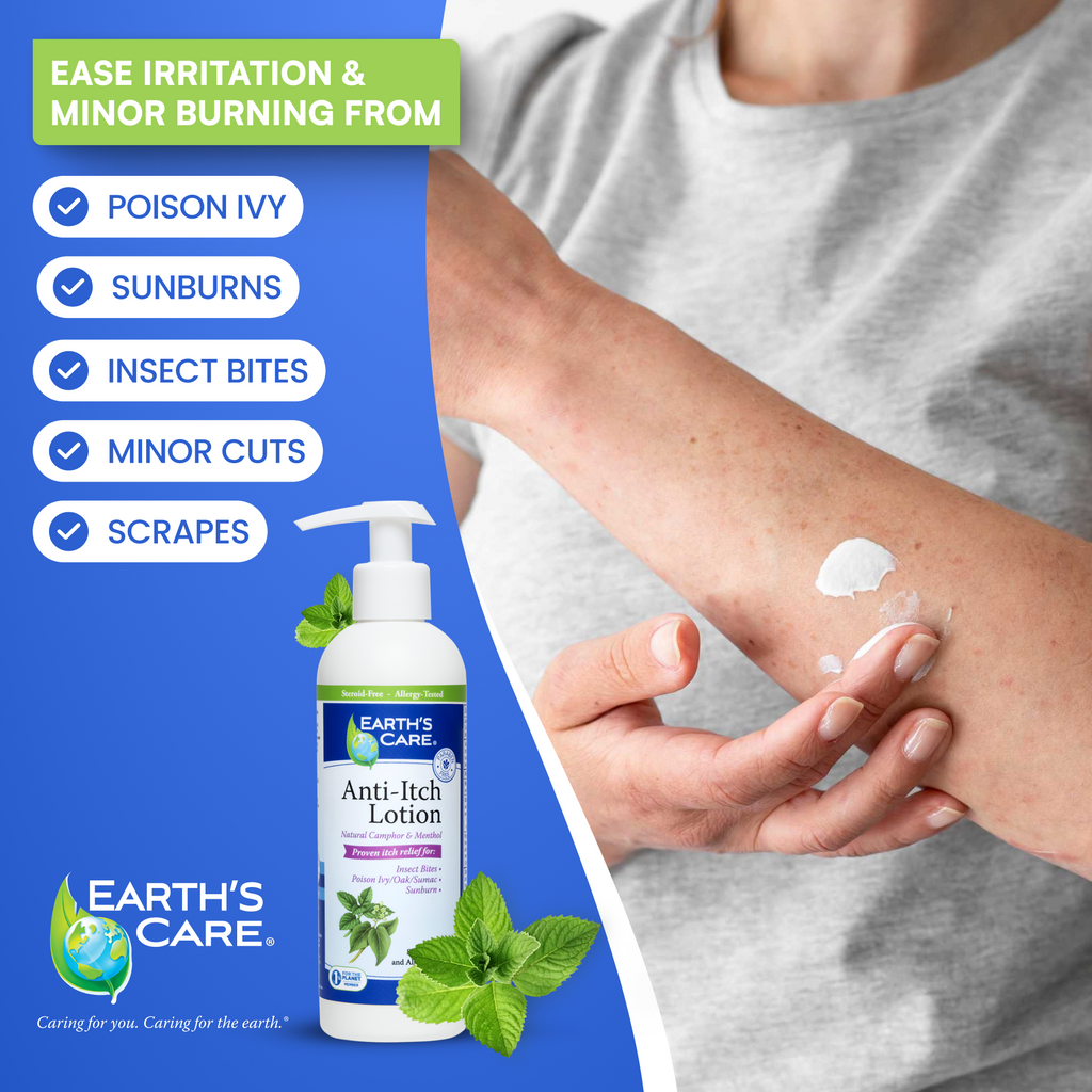 Earth's Care Anti-Itch Lotion bottle shown on a blue promotional graphic with a person applying white lotion to an arm. Text lists conditions like poison ivy, sunburns, insect bites, minor cuts, and scrapes.