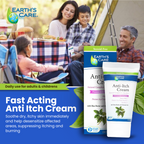 Earth's Care Anti-Itch Cream tube and box shown in front of a family camping scene, with promotional text on a blue banner.