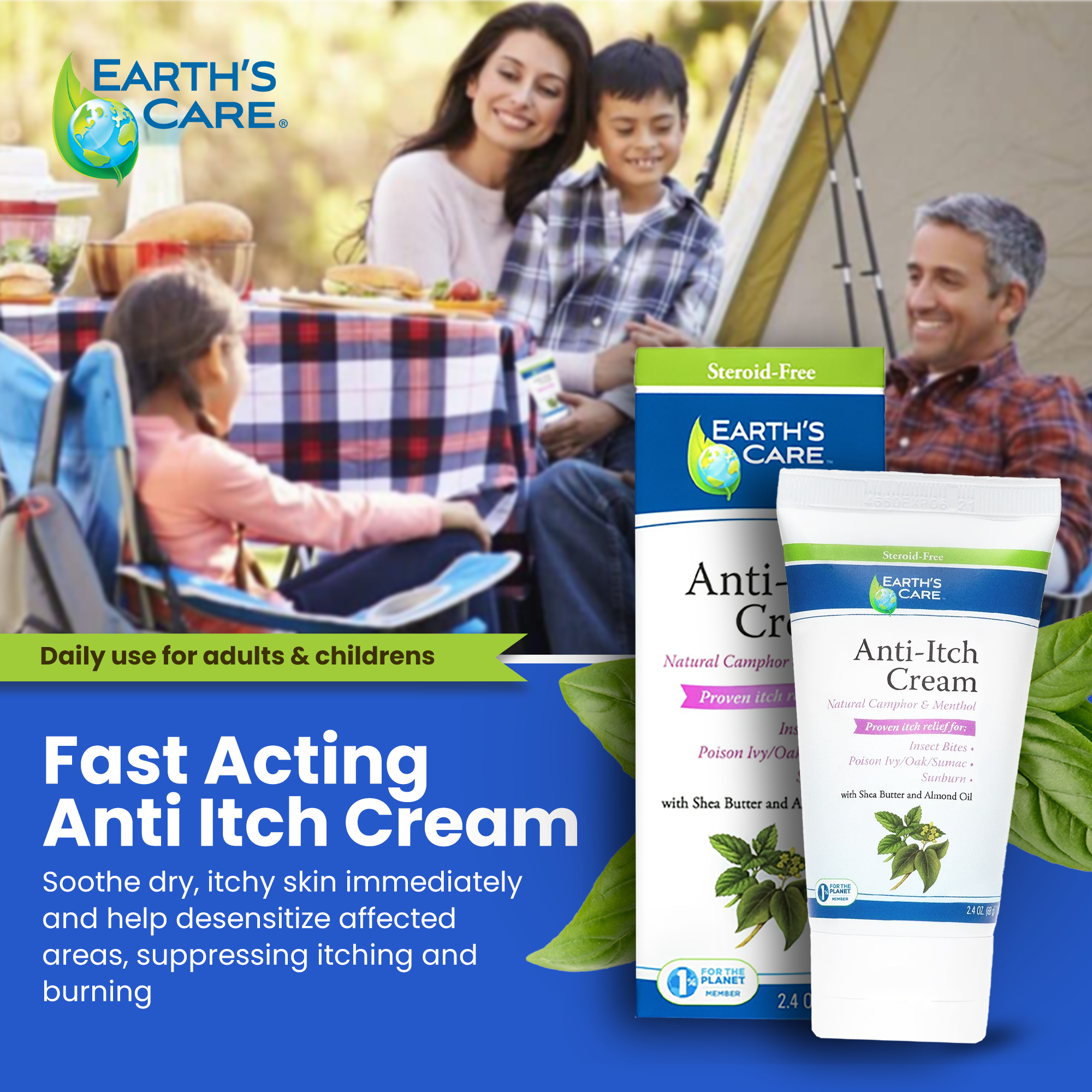 Earth's Care Anti-Itch Cream tube and box shown in front of a family camping scene, with promotional text on a blue banner.