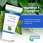 Earth's Care Anti-Itch Cream tube with a white cap, set against a background of green leaves. The image includes text overlays reading 'Menthol + Camphor' and 'A powerful combination to help heal and soothe irritated skin', along with the Earth's Care logo.
