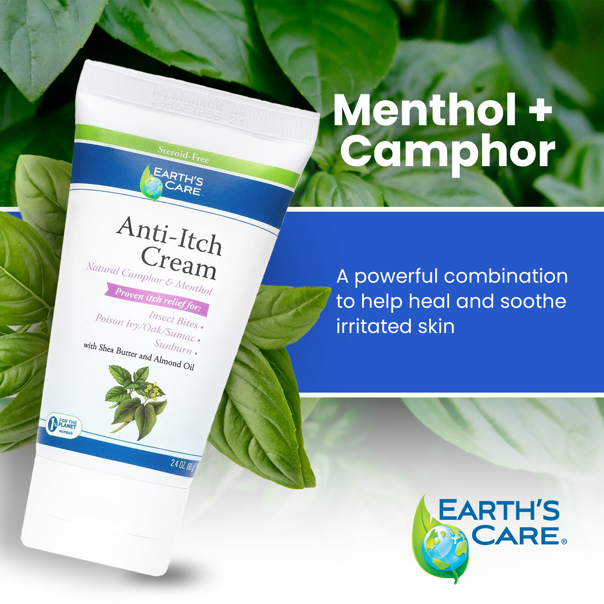Earth's Care Anti-Itch Cream tube with a white cap, set against a background of green leaves. The image includes text overlays reading 'Menthol + Camphor' and 'A powerful combination to help heal and soothe irritated skin', along with the Earth's Care logo.