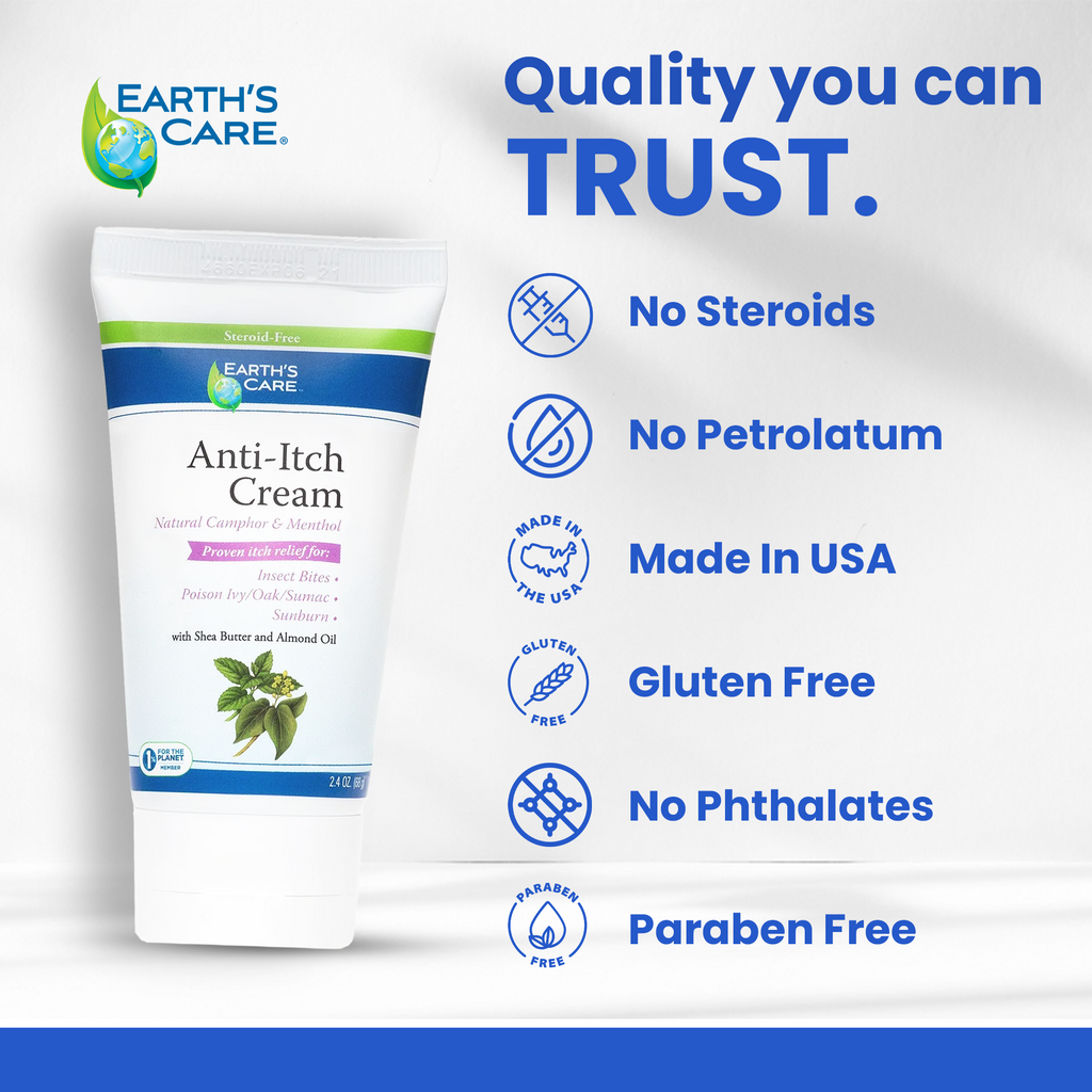 Earth's Care Anti-Itch Cream tube shown on a white background with blue promotional text and feature icons including 'No Steroids', 'No Petrolatum', 'Made in USA', 'Gluten Free', 'No Phthalates', and 'Paraben Free'.