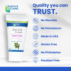 Earth's Care Anti-Itch Cream tube shown on a white background with blue promotional text and feature icons including 'No Steroids', 'No Petrolatum', 'Made in USA', 'Gluten Free', 'No Phthalates', and 'Paraben Free'.