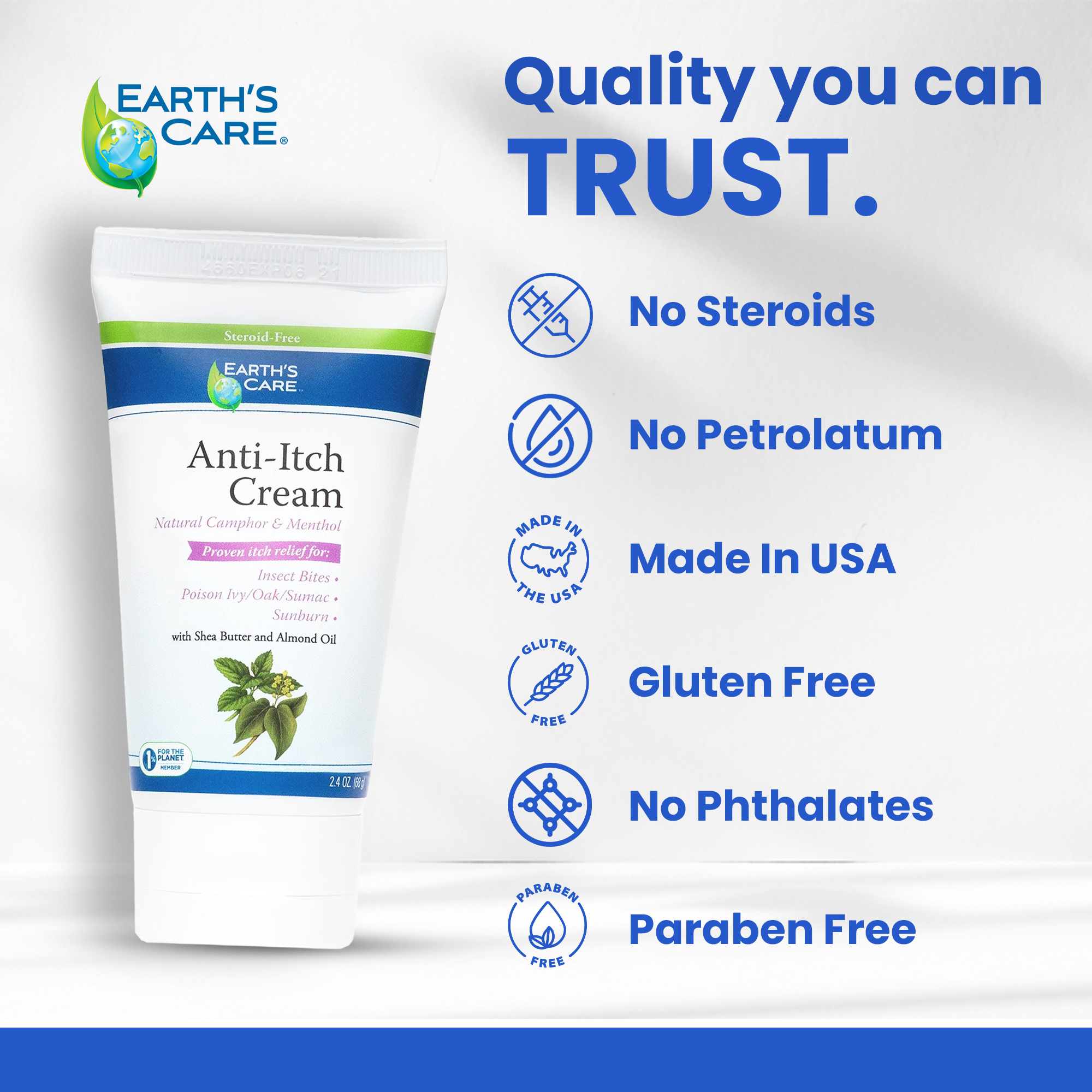 Earth's Care Anti-Itch Cream tube shown on a white background with blue promotional text and feature icons including 'No Steroids', 'No Petrolatum', 'Made in USA', 'Gluten Free', 'No Phthalates', and 'Paraben Free'.