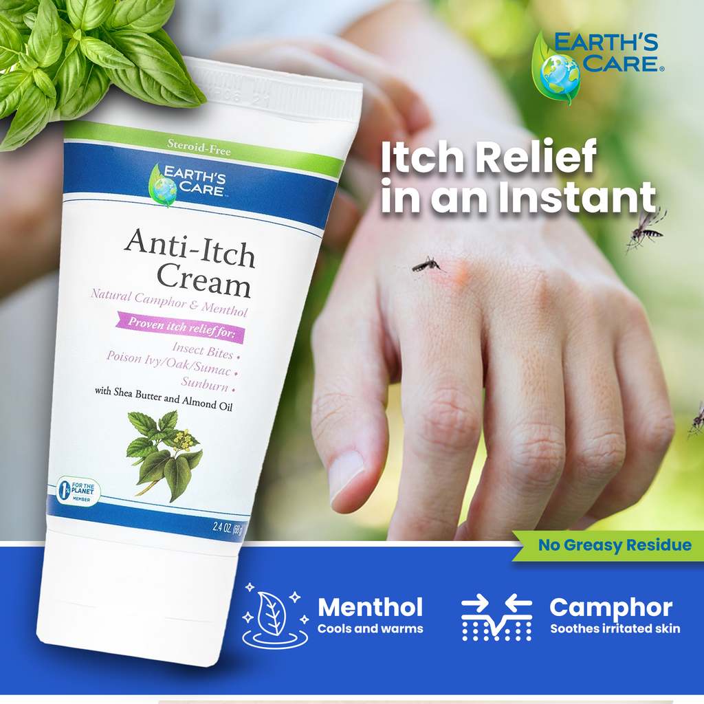 Earth's Care Anti-Itch Cream tube shown next to a hand with a mosquito on it, with text reading 'Itch Relief in an Instant' and feature badges for menthol and camphor.