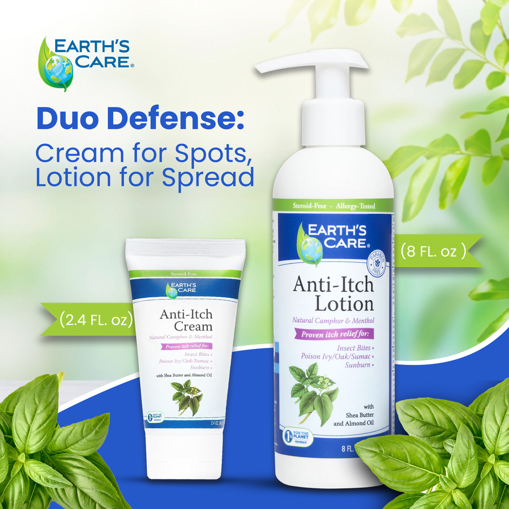Earth's Care Anti-Itch Cream and Lotion with green leaves in the background