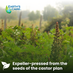 Field of castor plants with 'Earth's Care' logo and text about expeller-pressed products.