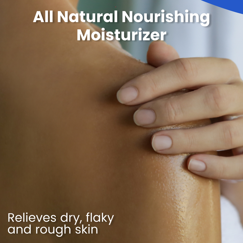 Hand applying a moisturizer to dry skin with text about all-natural moisturizer.