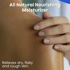 Hand applying a moisturizer to dry skin with text about all-natural moisturizer.