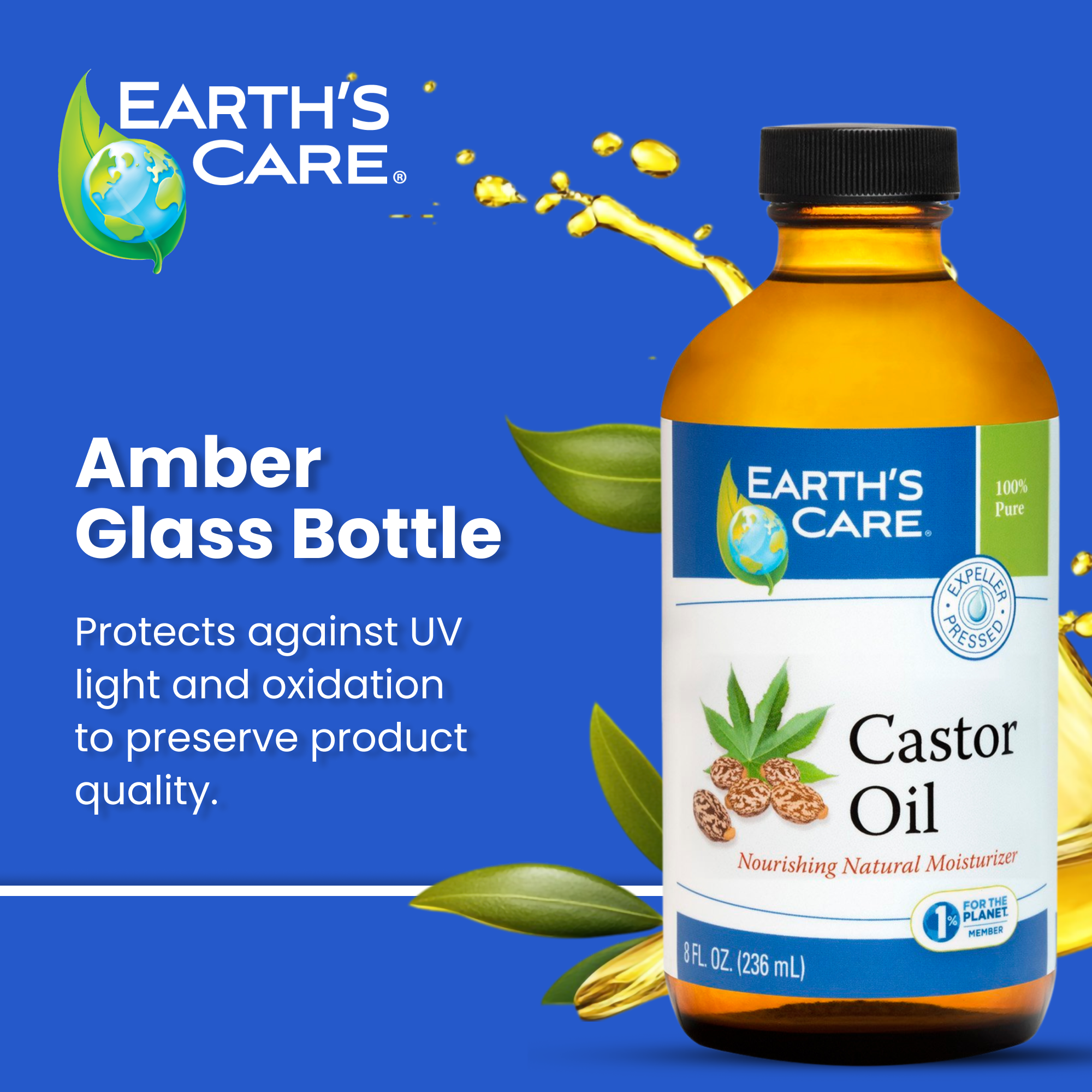 Earth's Care Castor Oil bottle on a blue background with text about amber glass bottles.