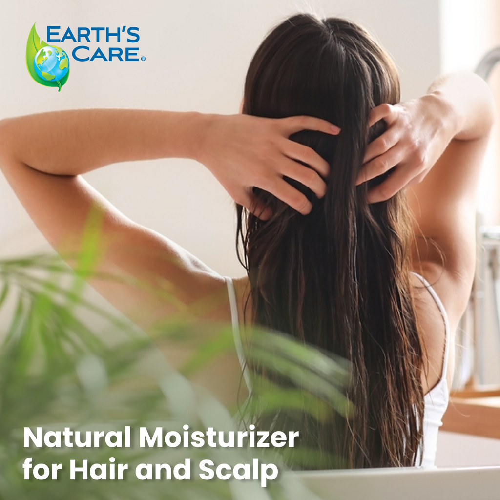 Person with long hair in a bathtub, using Earth's Care natural moisturizer for hair and scalp.
