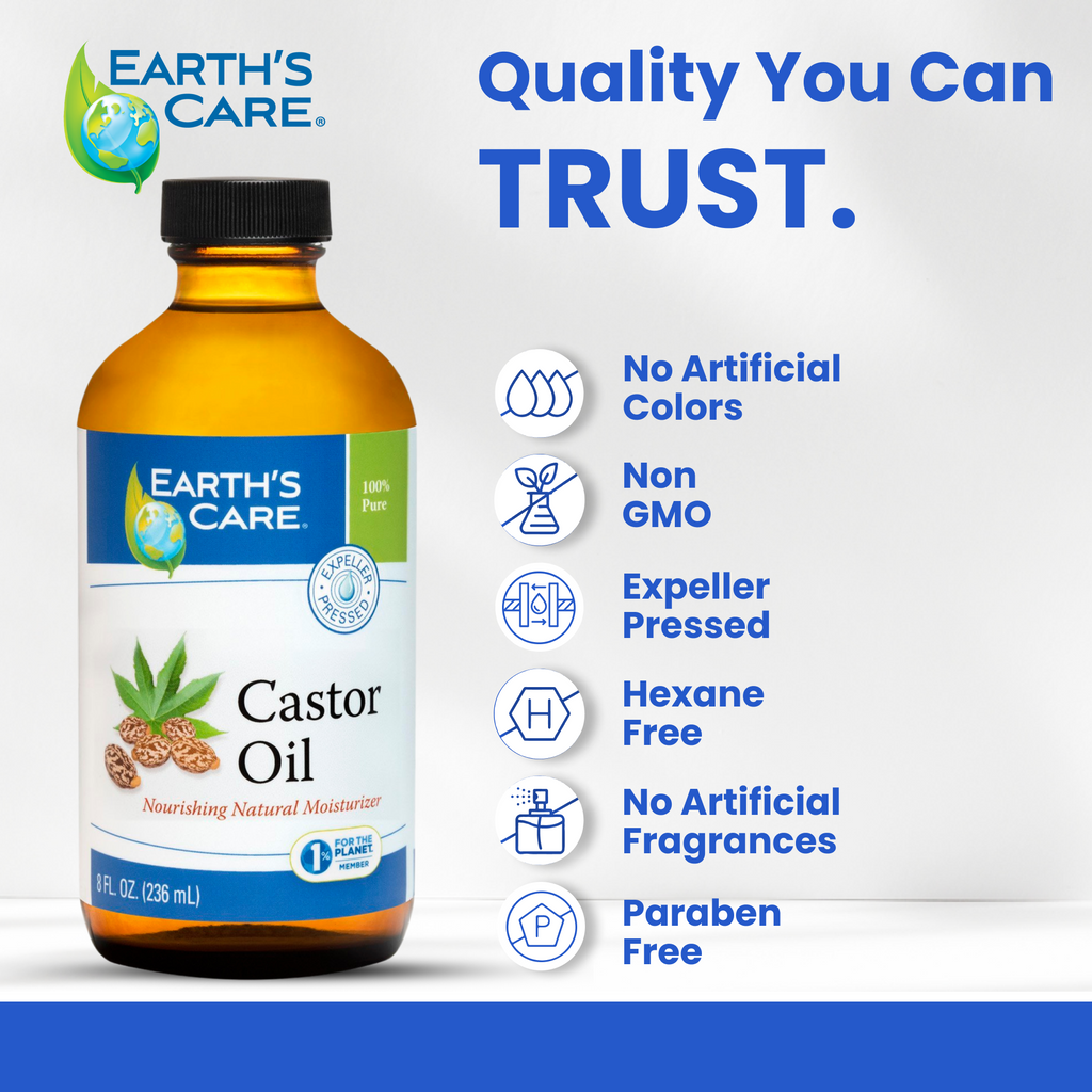 Earth's Care Castor Oil bottle on a white background with blue text and icons highlighting product benefits such as no artificial colors, non GMO, expeller pressed, hexane free, no artificial fragrances, and paraben free.
