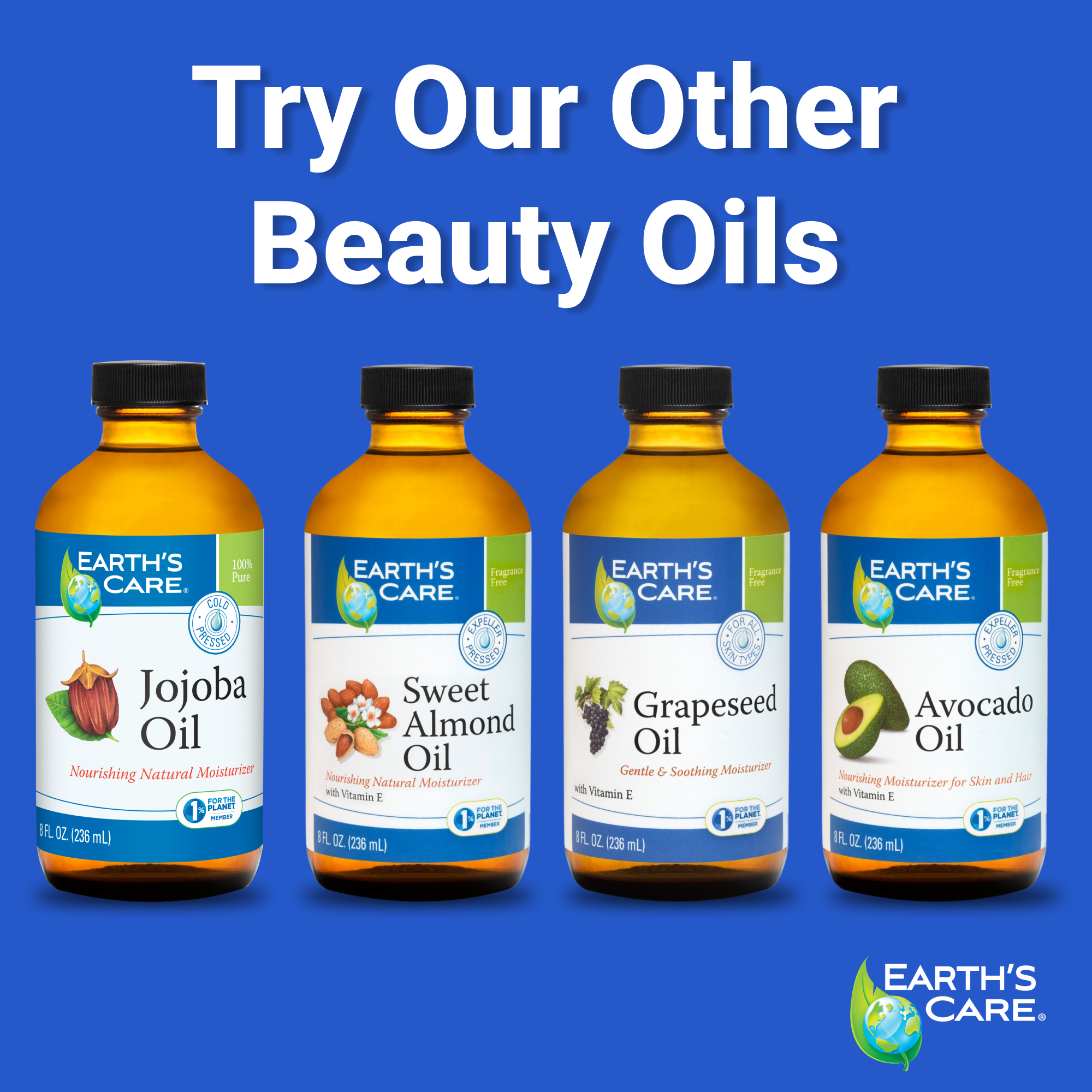 Four bottles of Earth's Care beauty oils on a blue background with text promoting other products.