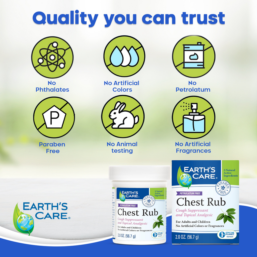 Earth's Care Chest Rub packaging with quality icons and product display.