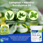 Earth's Care Chest Rub eucalyptus and camphor oil, a white jar with a blue and green label, shown against a blurred green leaf background with text highlighting eucalyptus, camphor, and menthol.