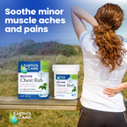 Earth's Care Chest Rub cough suppressant and topical analgesic products shown on a wooden bench next to a woman with her back turned, with promotional text reading 'Soothe minor muscle aches and pains' against a scenic outdoor background.