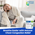A woman wrapped in a cream cable-knit blanket sits on a gray couch holding a tissue, with a jar of Earth's Care Chest Rub product shown beside her and promotional text at the bottom.