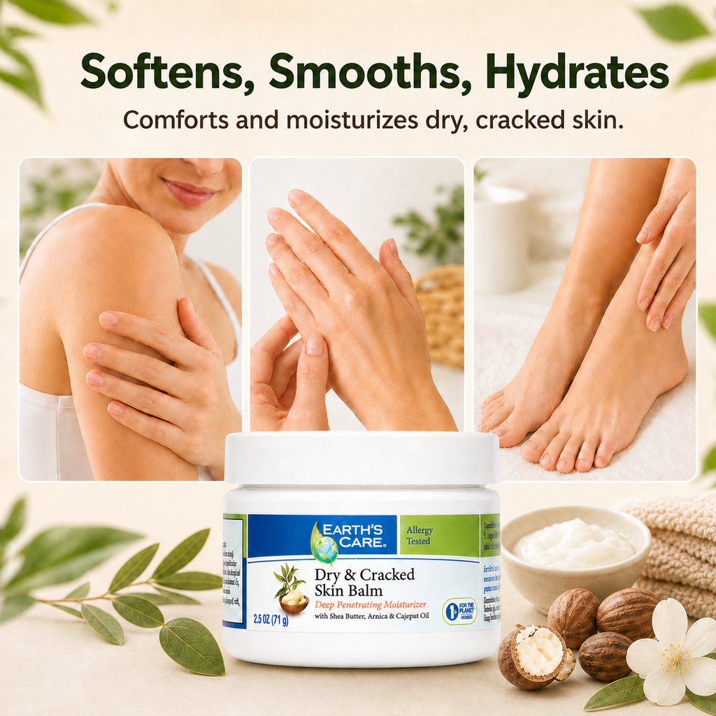 Earth's Care Dry & Cracked Skin Balm jar shown in a styled skincare ad with three inset photos of people moisturizing their arms, hands, and feet. Text at the top reads 'Softens, Smooths, Hydrates' and the product label is visible in the lower center.