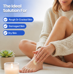 A woman in a cream knit sweater sits on a beige sofa, applying a small beige cream to her foot. Text on the left reads 'The Ideal Solution For' with blue checkmarks for 'Rough Or Cracked Skin,' 'Damaged Skin,' and 'Dry Skin.