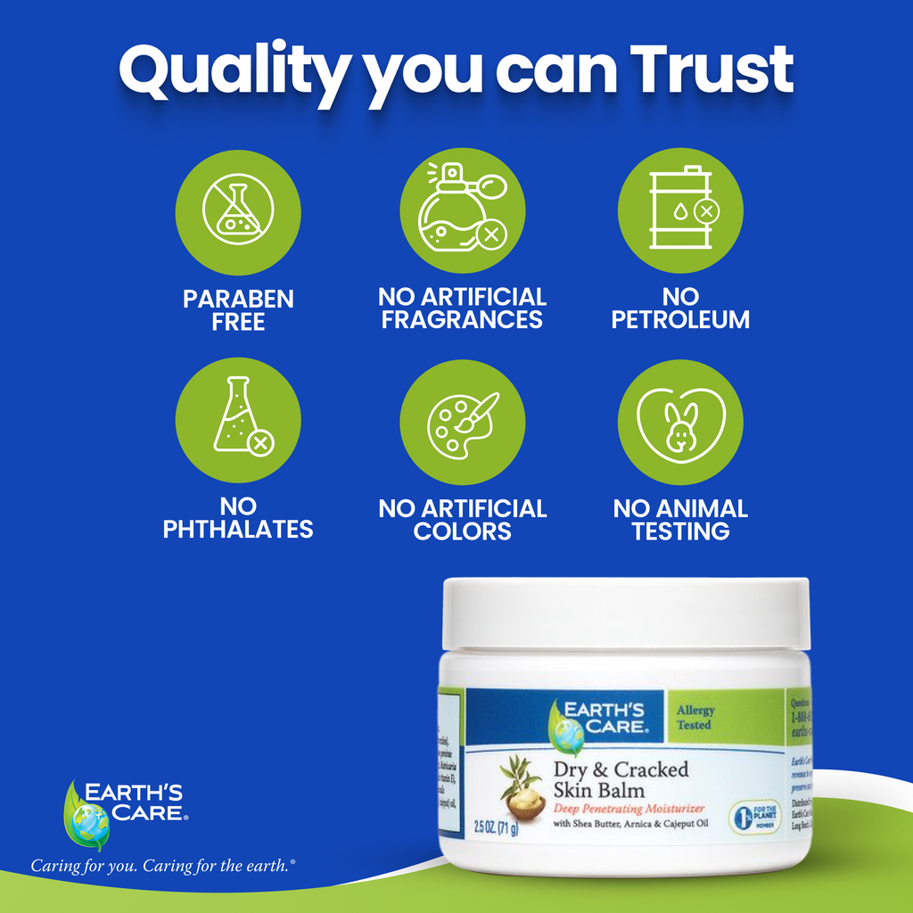 Earth's Care Dry & Cracked Skin Balm jar shown on a blue promotional graphic with green icons and text stating 'Quality you can Trust' and product benefits like paraben free, no artificial fragrances, and no animal testing.