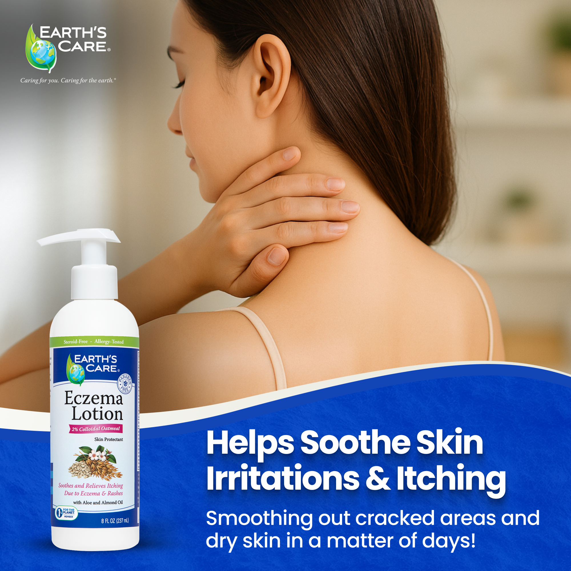 Woman applying Earth's Care Eczema Lotion to her neck with product displayed.