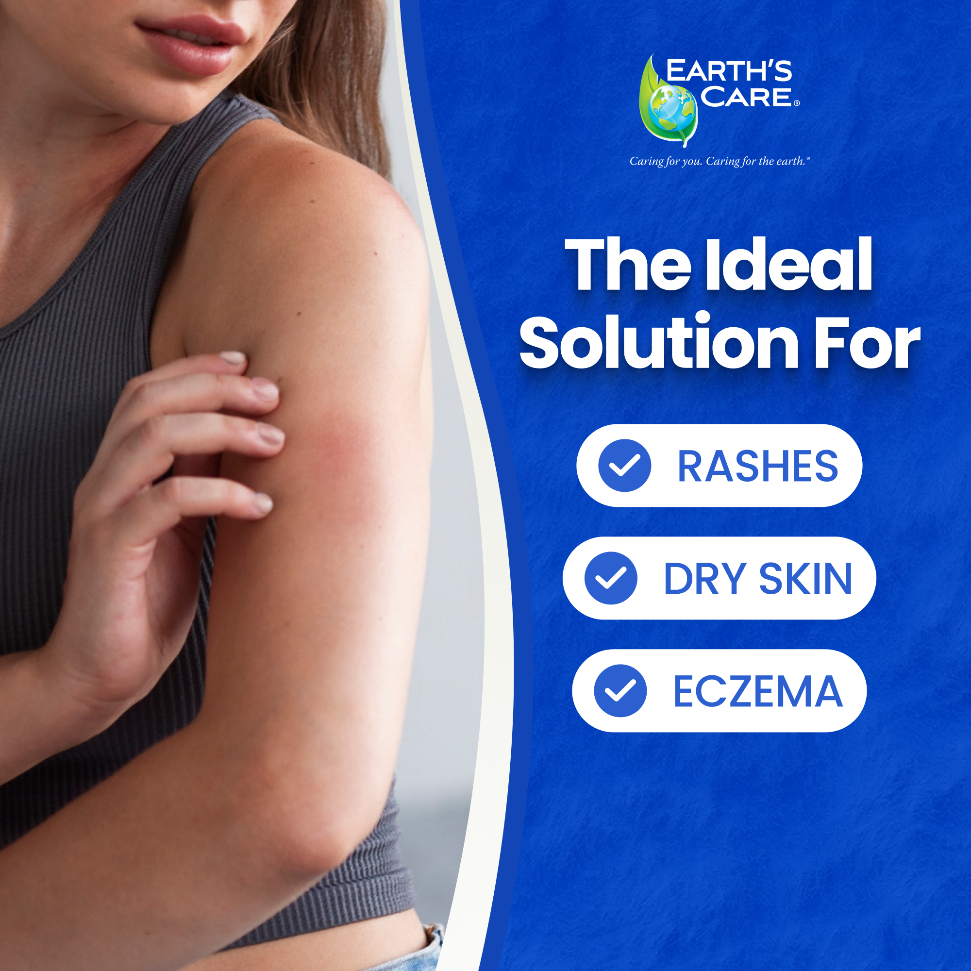 Woman touching her shoulder with a blue background and Earth's Care branding.