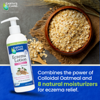 Earth's Care Eczema Lotion with a bowl of colloidal oatmeal on a textured surface.