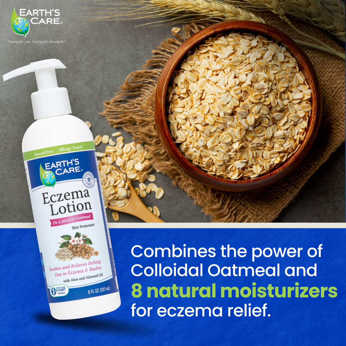 Earth's Care Eczema Lotion with a bowl of colloidal oatmeal on a textured surface.