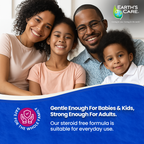 Family of four smiling with Earth's Care product advertisement