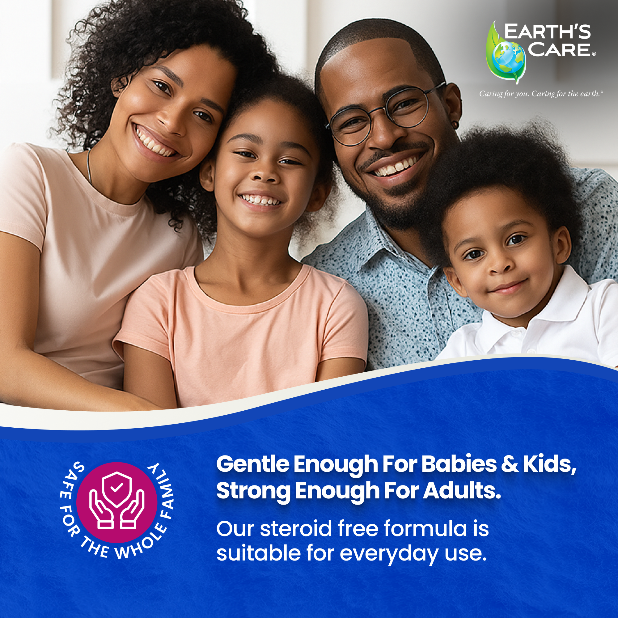 Family of four smiling with Earth's Care product advertisement