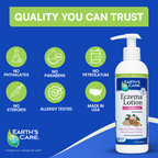 Earth's Care Eczema Lotion bottle with product features on a blue background